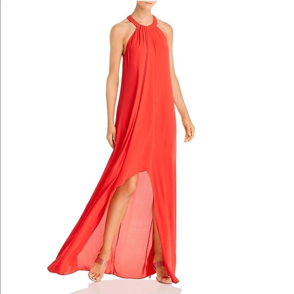 BCBGMAXAZRIA Sleeveless Hi-Low Halter Formal Maxi Dress Jewel Red XS